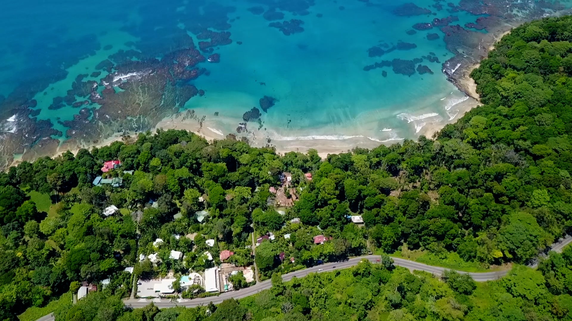 Aerial of a coastal community in Costa Rica
